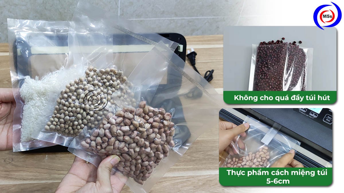 Không cho thực phẩm quá đầy túi hút chân không Không cho thực phẩm quá đầy túi hút chân không