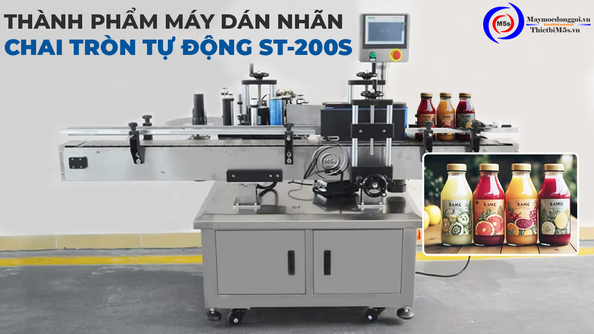 Thành phẩm của máy dán nhãn chai tròn tự động ST-200S Thành phẩm của máy dán nhãn chai tròn tự động ST-200S