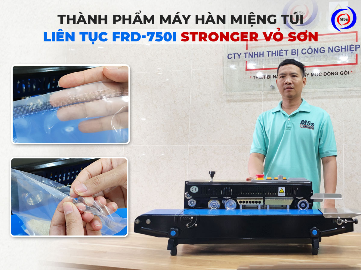 Thành phẩm của máy hàn miệng túi liên tục Stronger FRD-750-VS Thành phẩm của máy hàn miệng túi liên tục Stronger FRD-750-VS