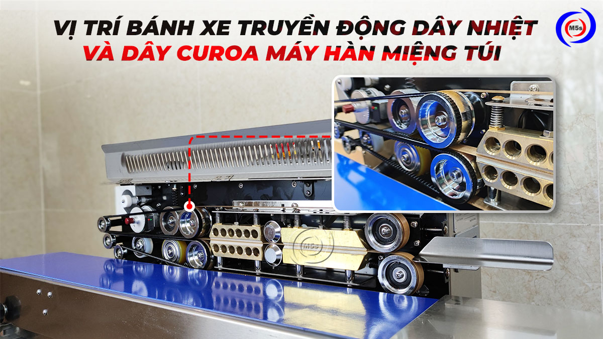 vị trí bánh xe truyền động dây nhiệt và dây curoa trên máy hàn túi vị trí bánh xe truyền động dây nhiệt và dây curoa trên máy hàn túi