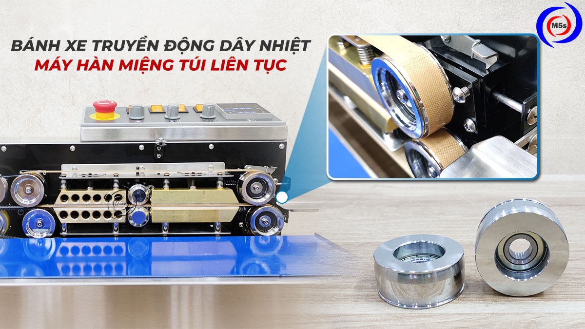 Vị trí bánh xe truyền động dây nhiệt trên máy hàn túi liên tục Vị trí bánh xe truyền động dây nhiệt trên máy hàn túi liên tục