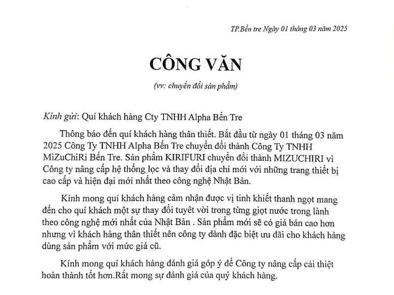 THÔNG BÁO TỪ CÔNG TY ALPHA BẾN TRE