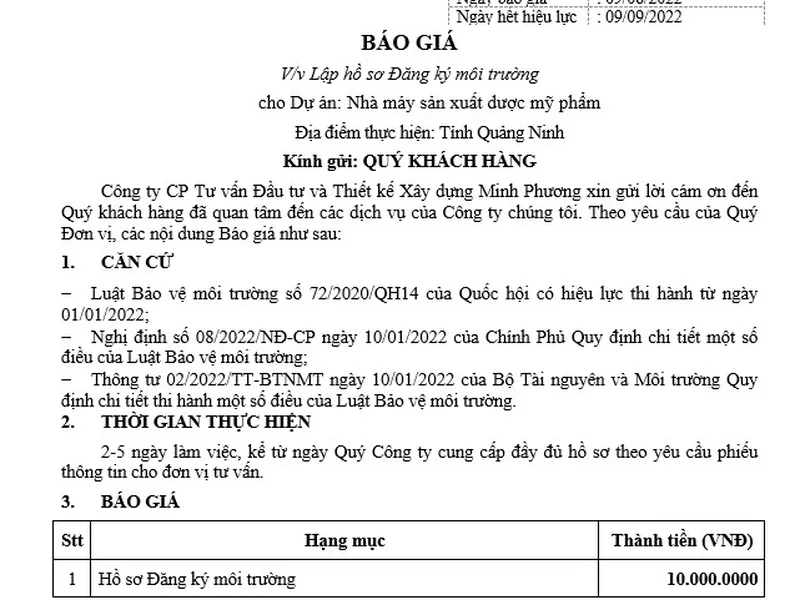 Báo giá hồ sơ đăng ký môi trường cho nhà máy sản xuất