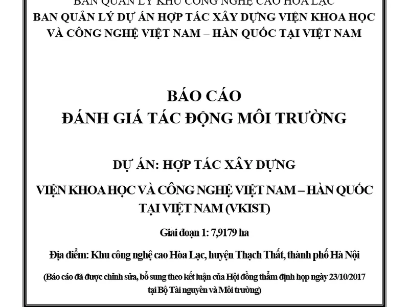 Báo cáo đánh giá tác động môi trường dự án xây dựng khu công nghệ cao Hòa Lạc Hà Nội
