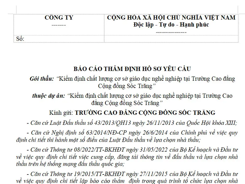 Mẫu báo cáo thẩm định hồ sơ mời thầu theo Thông tư 08