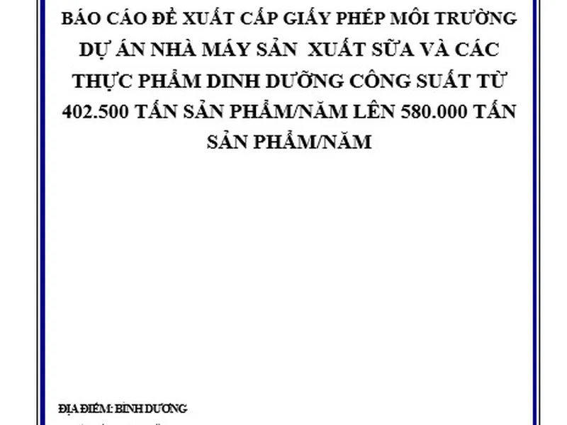 Mẫu báo cáo đề xuất cấp giấy phép môi trường dự án nhà máy sản xuất sữa và các thực phẩm dinh dưỡng