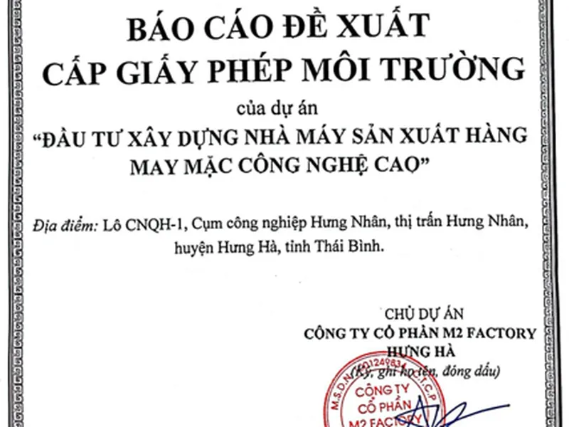 Báo cáo đề xuất cấp Giấy phép môi trường của dự án đầu tư xây dựng nhà máy sản xuất hàng may mặc công nghệ cao