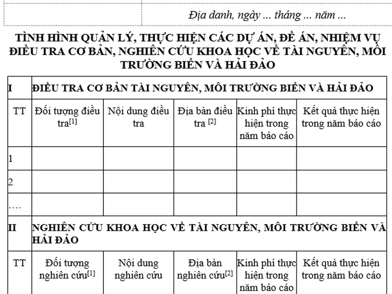 Mẫu báo cáo tình hình quản lý tổng hợp tài nguyên và bảo vệ môi trường biển và hải đảo