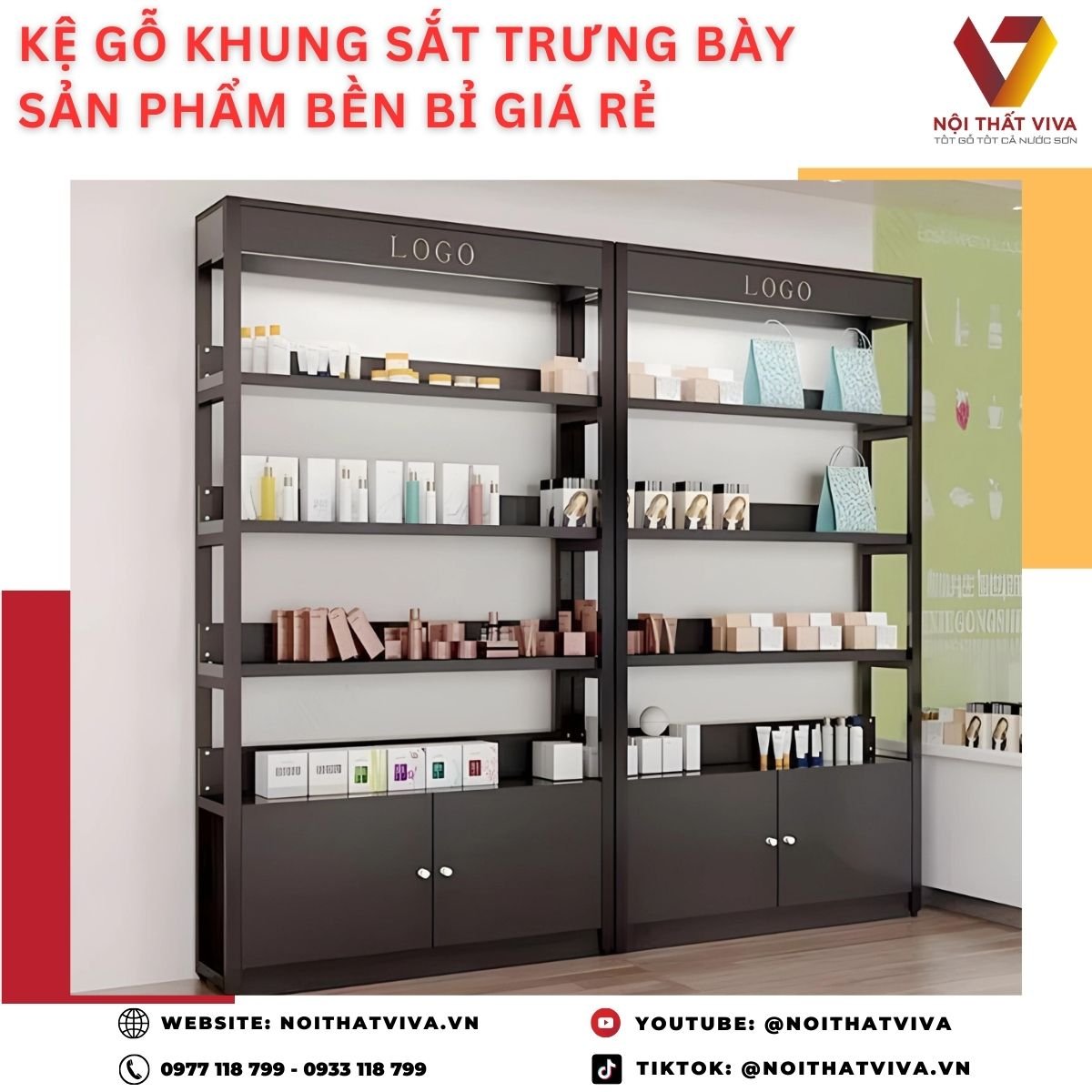 Kệ Gỗ Khung Sắt Trưng Bày Sản Phẩm Bền Bỉ Giá Rẻ