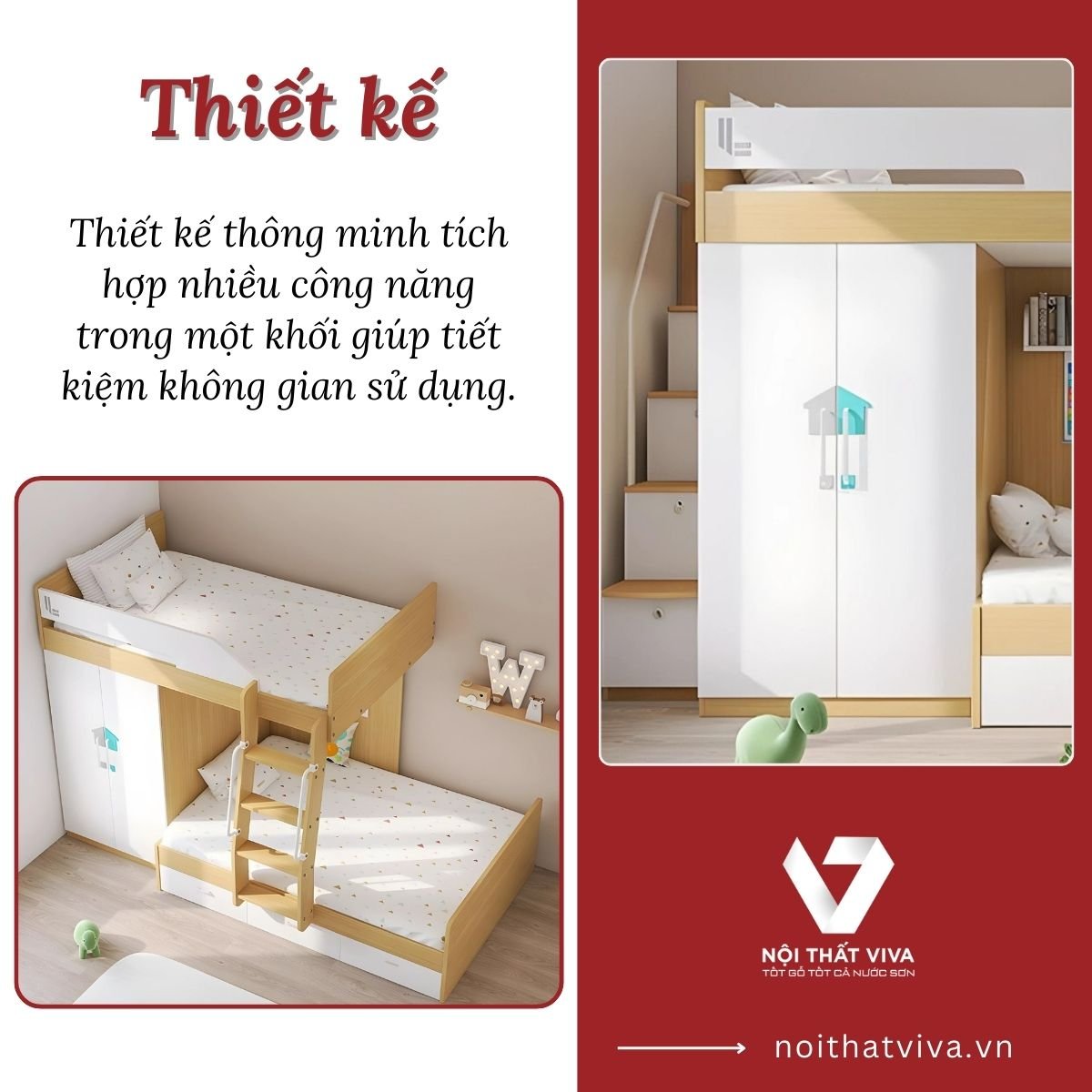 Giường Hai Tầng Cho Trẻ Em Kết Hợp Tủ Áo Chất Liệu Gỗ MDF Phủ Melamine