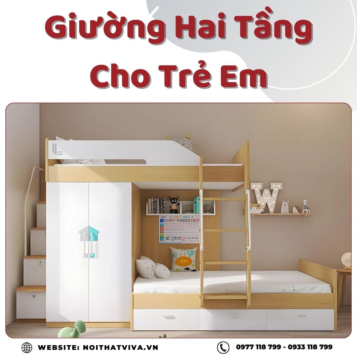 Giường Hai Tầng Cho Trẻ Em Kết Hợp Tủ Áo Chất Liệu Gỗ MDF Phủ Melamine