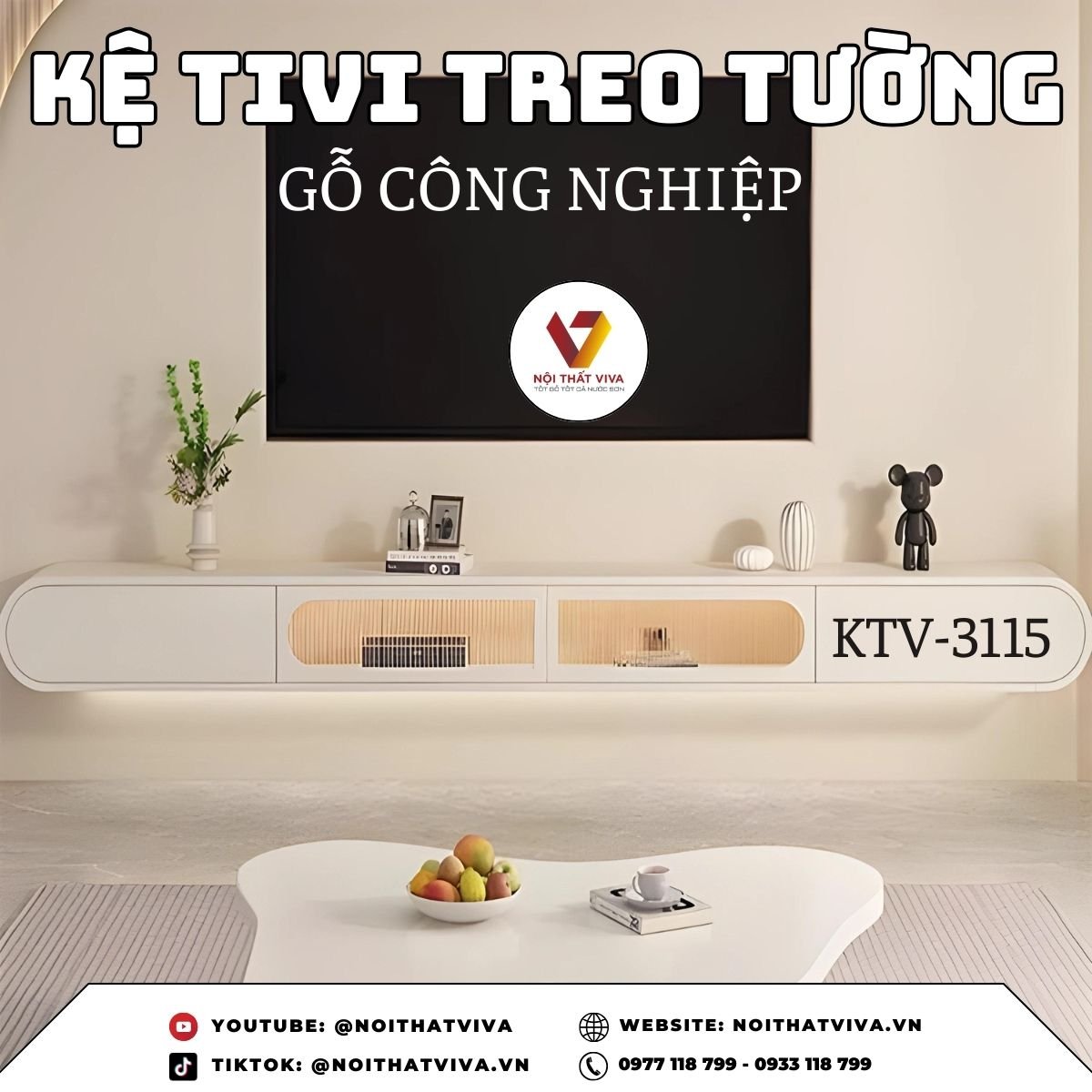 Kệ Tivi Treo Tường Bằng Gỗ Công Nghiệp Sơn Trắng Cao Cấp Hiện Đại