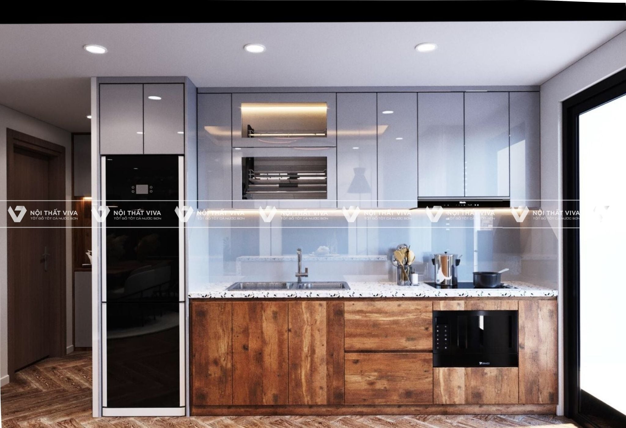 Kinh nghiệm chọn tủ bếp Acrylic v&acirc;n gỗ đẹp, bền, chuẩn xu hướng