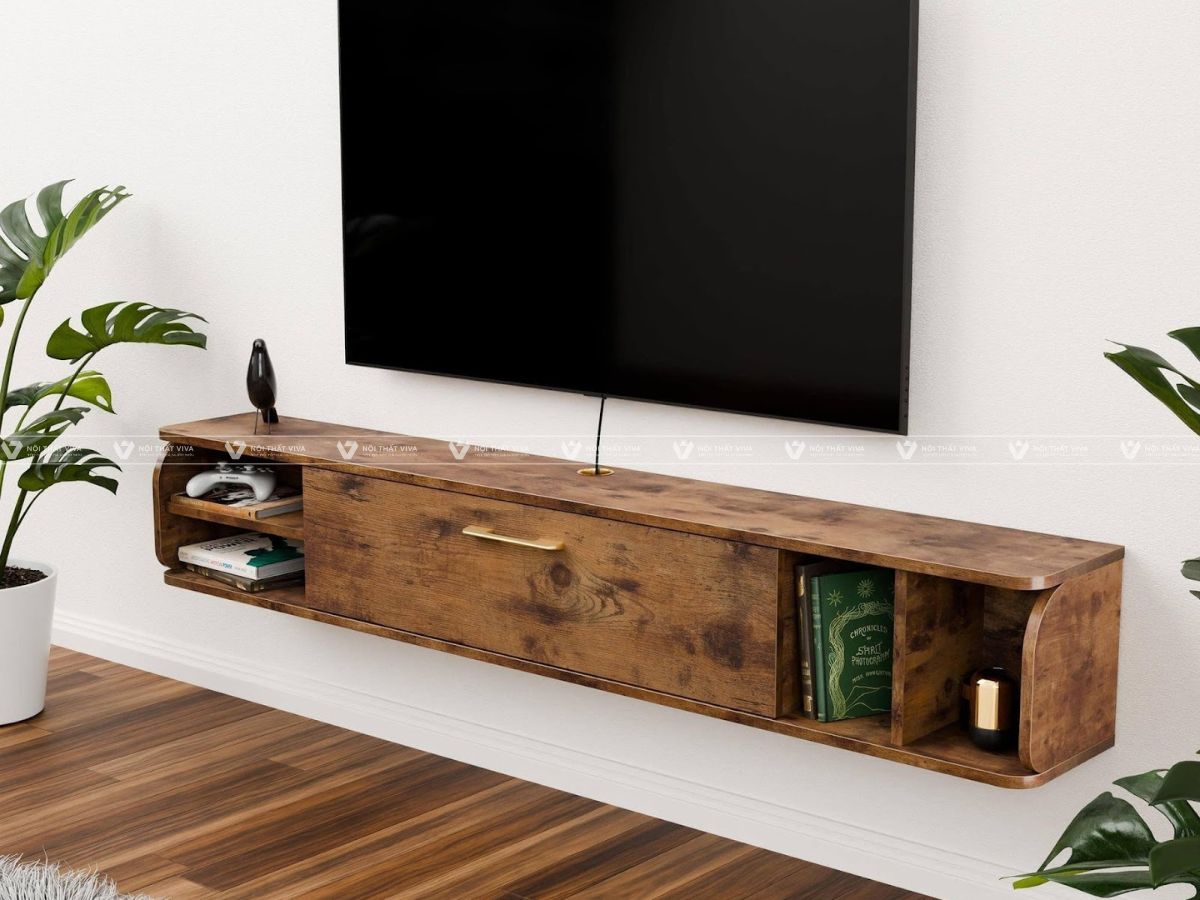 Top 10+ mẫu kệ tivi treo tường gỗ tự nhiên đẹp, chuẩn phong cách cho phòng khách