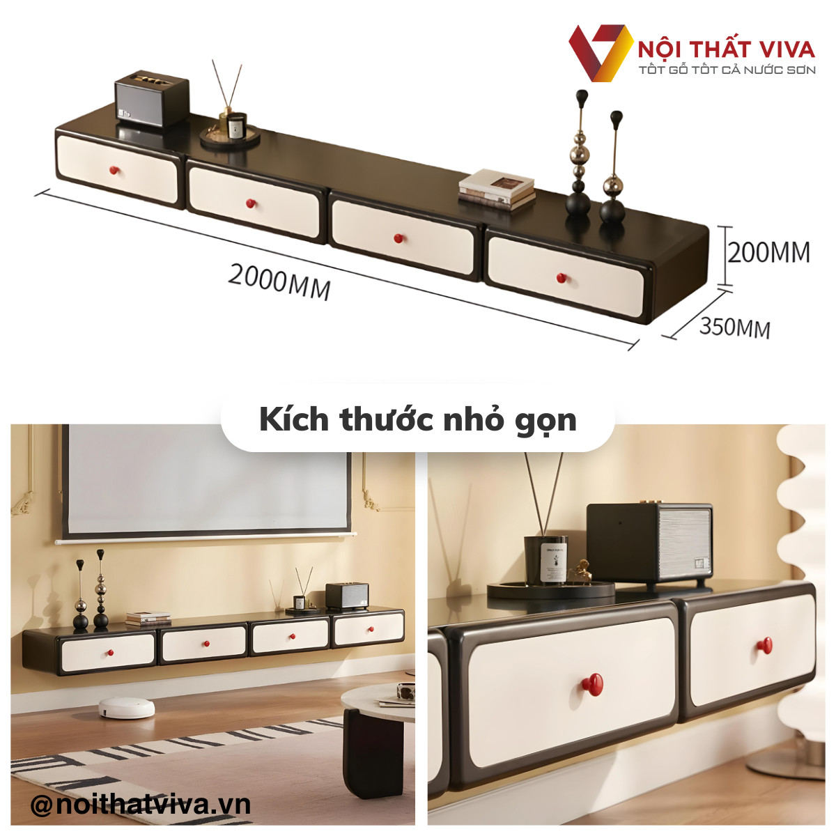 Kệ Tivi Treo Tường Gỗ Tự Nhiên Sơn Màu Đen Phối Trắng Hiện Đại Giá Rẻ