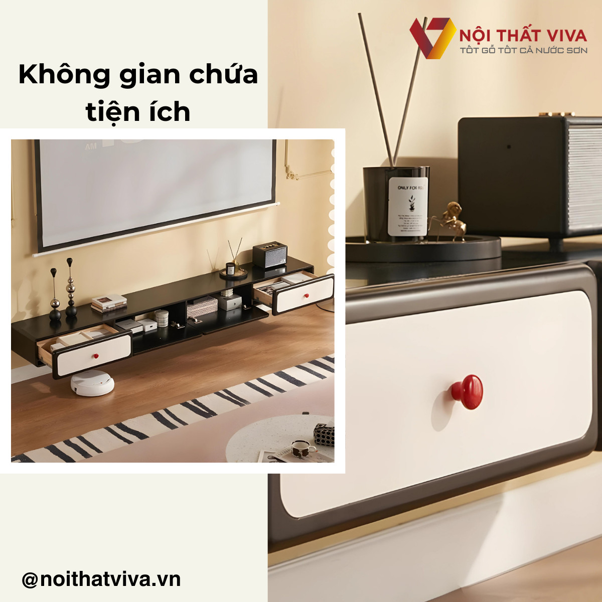 Kệ Tivi Treo Tường Gỗ Tự Nhiên Sơn Màu Đen Phối Trắng Hiện Đại Giá Rẻ