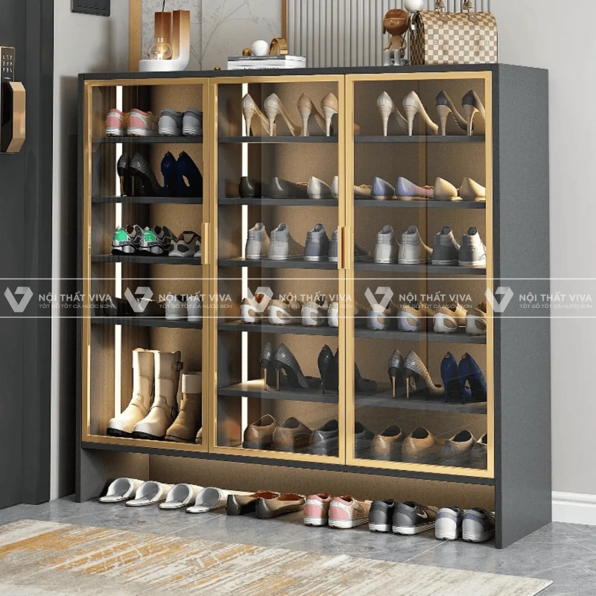  15+ mẫu tủ giày nhôm kính đẹp, thiết kế sang trọng từ trắng sứ đến vân gỗ