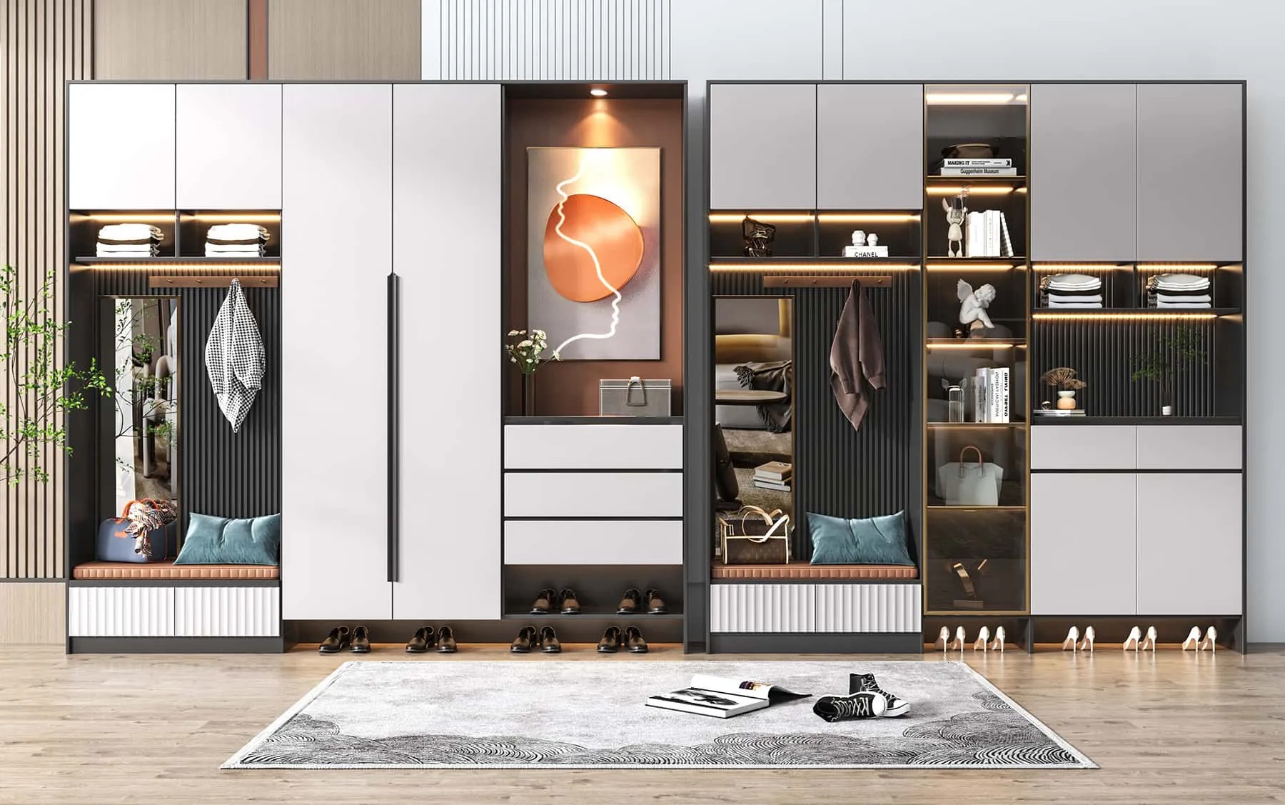  15+ mẫu tủ giày nhôm kính đẹp, thiết kế sang trọng từ trắng sứ đến vân gỗ