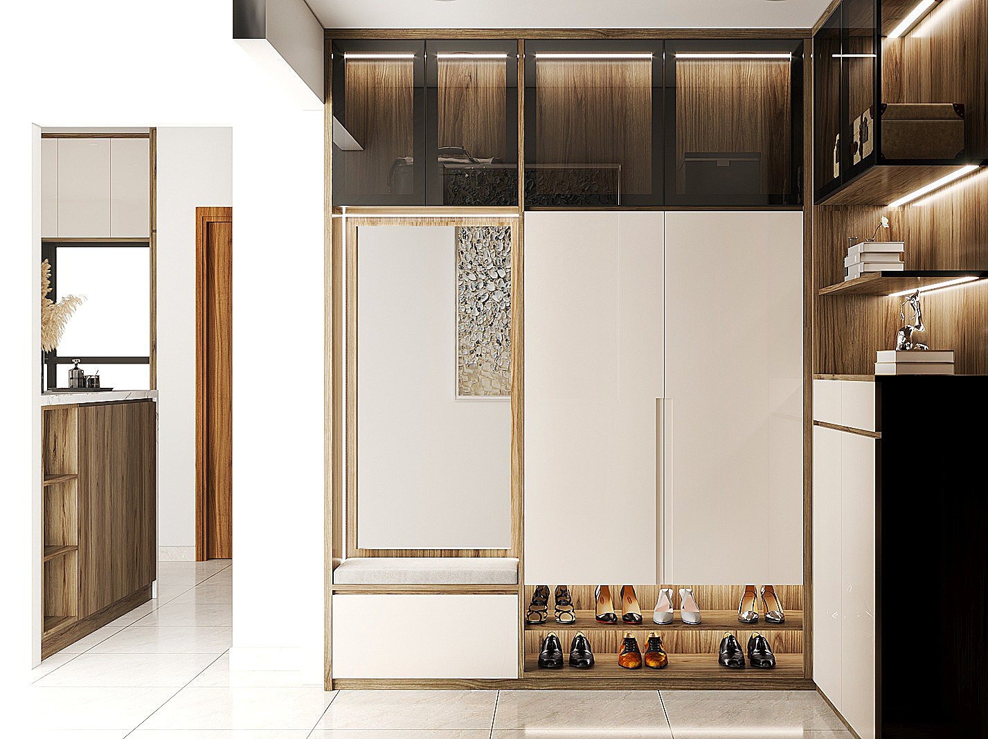  15+ mẫu tủ giày nhôm kính đẹp, thiết kế sang trọng từ trắng sứ đến vân gỗ