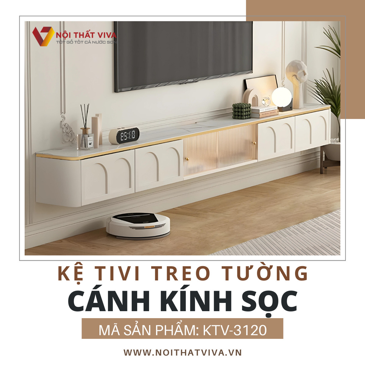 Kệ Tivi Treo Tường Phòng Khách Gỗ MDF Cánh Kính Sọc Hiện Đại