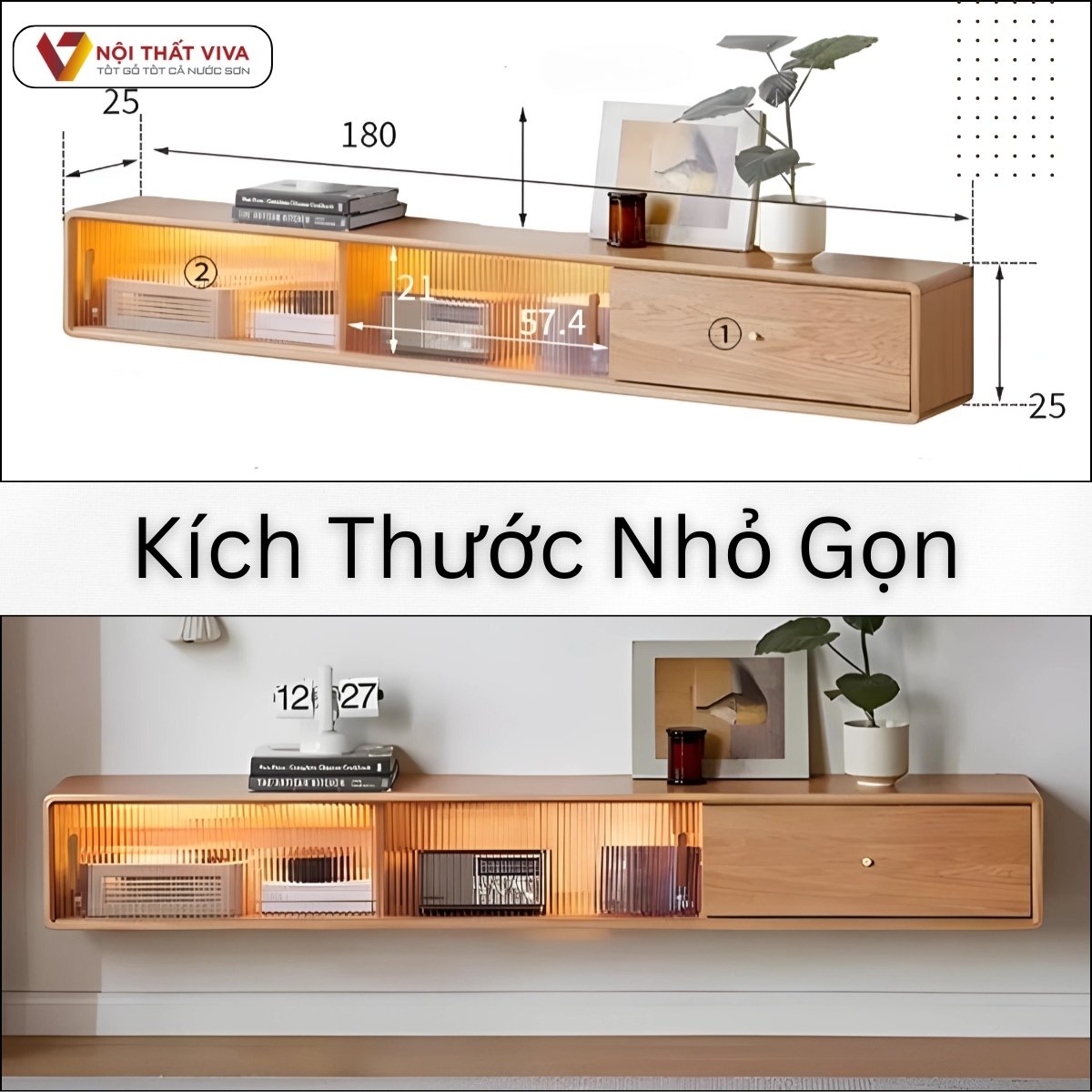 Mẫu Kệ Tivi Treo Tường Phòng Khách Gỗ Sồi Cánh Kính Sọc Sang Trọng