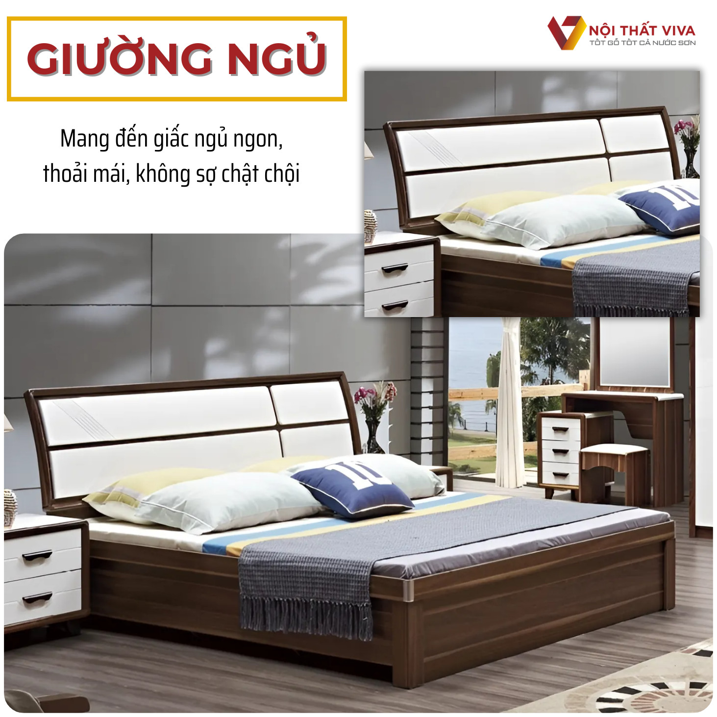 Bộ Giường Tủ Gỗ Công Nghiệp Màu Óc Chó Kiểu Dáng Độc Đáo Hiện Đại