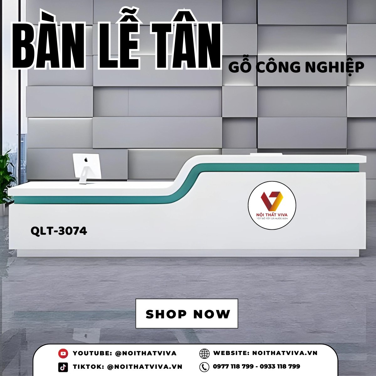 Mẫu Bàn Lễ Tân Gỗ Công Nghiệp Màu Xanh Phối Trắng Hiện Đại Giá Rẻ