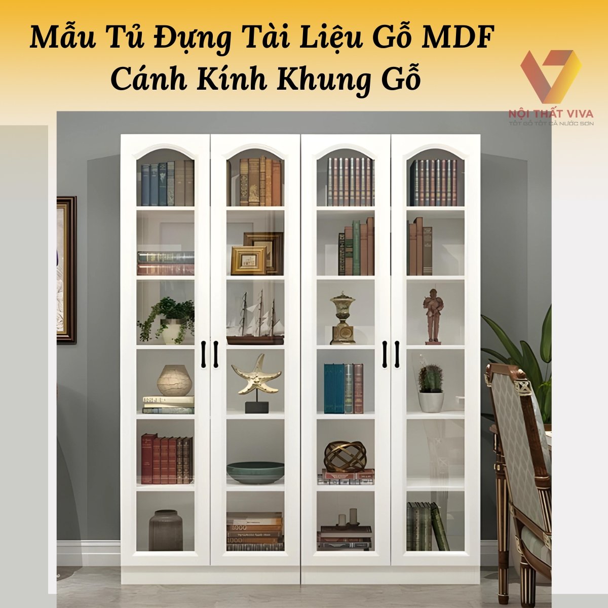 Mẫu Tủ Đựng Tài Liệu Gỗ MDF Cánh Kính Khung Gỗ Sơn Trắng Đẹp Tinh Tế