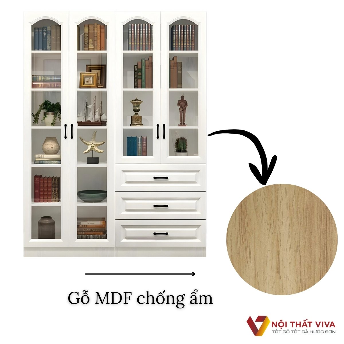 Mẫu Tủ Đựng Tài Liệu Gỗ MDF Cánh Kính Khung Gỗ Sơn Trắng Đẹp Tinh Tế