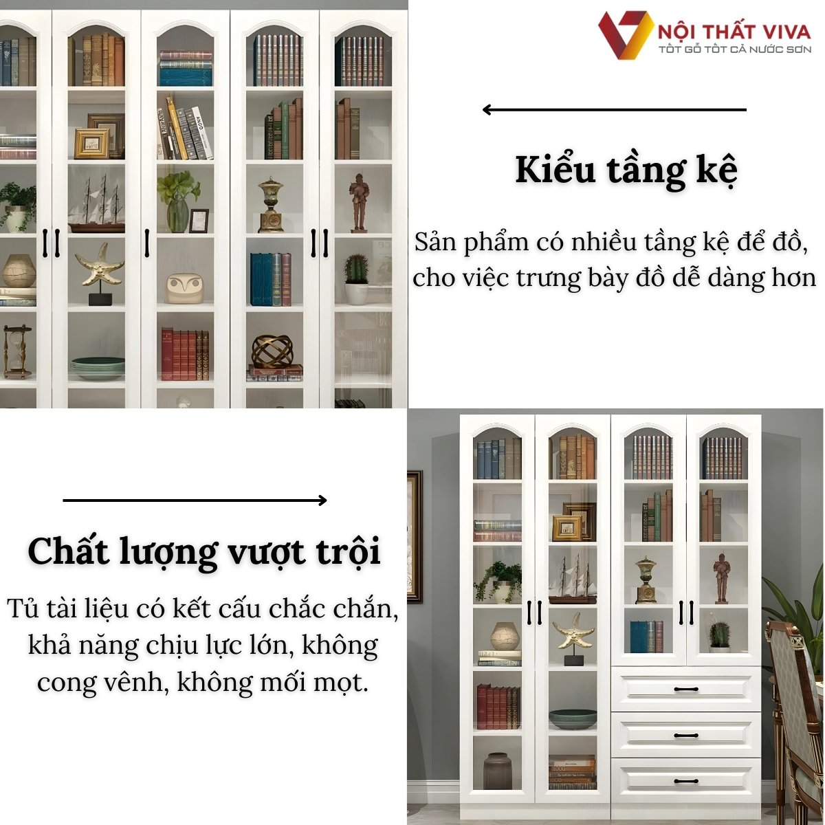 Mẫu Tủ Đựng Tài Liệu Gỗ MDF Cánh Kính Khung Gỗ Sơn Trắng Đẹp Tinh Tế