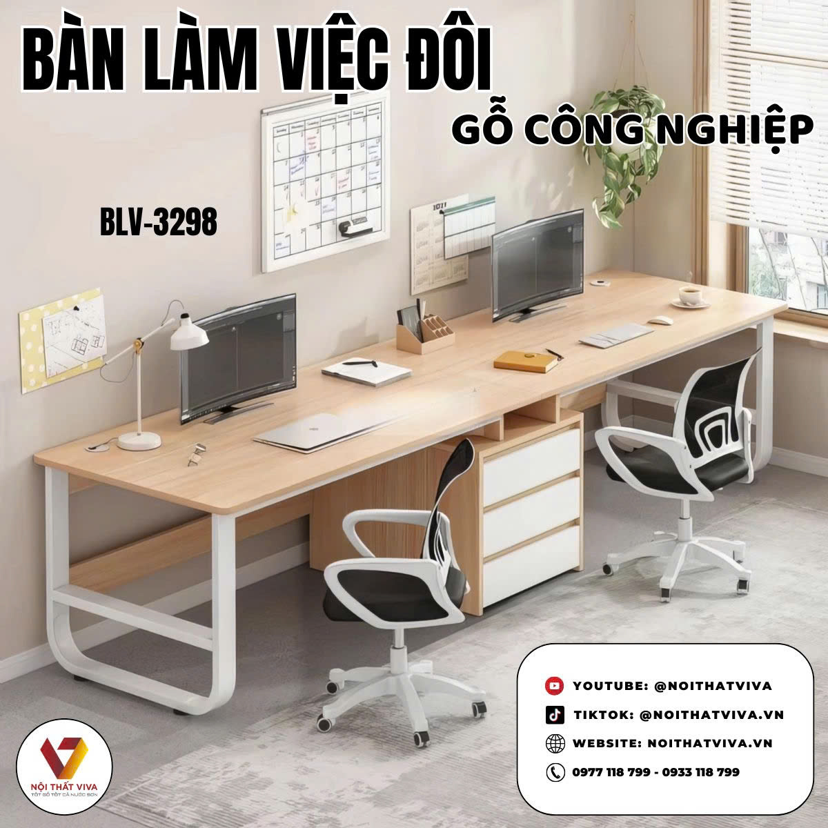 Bàn Làm Việc Đôi Kết Hợp Hộc Tủ Chất Liệu Gỗ Công Nghiệp Giá Rẻ