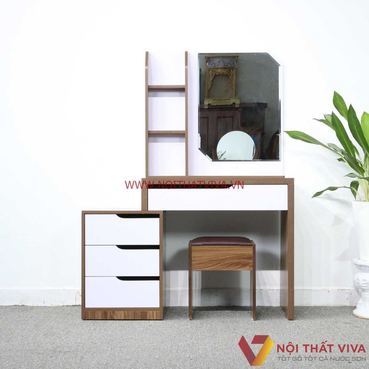 Bàn Trang Điểm Gỗ MDF Melamine  2 Tầng Màu Óc Chó Phối Trắng Hiện Đại