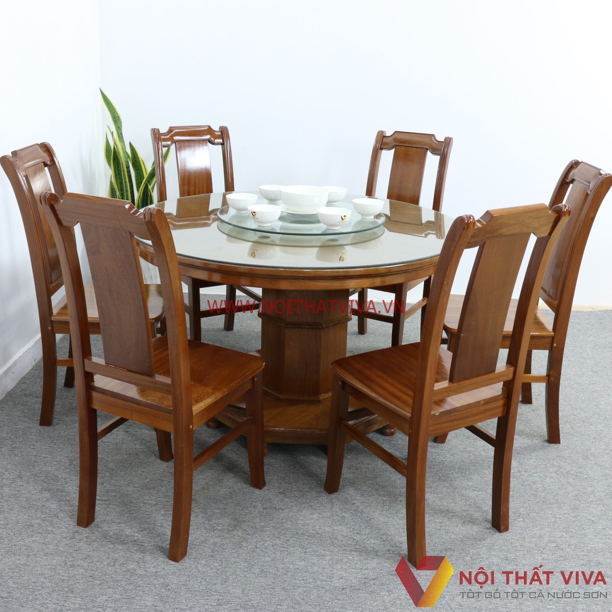 bộ bàn ăn tròn 6 ghế gỗ xoan đào