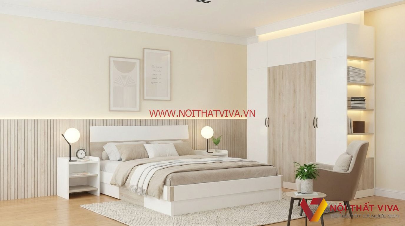 Bộ Giường Tủ Phòng Ngủ Gỗ Công Nghiệp Màu Trắng Đẹp Tinh Tế 