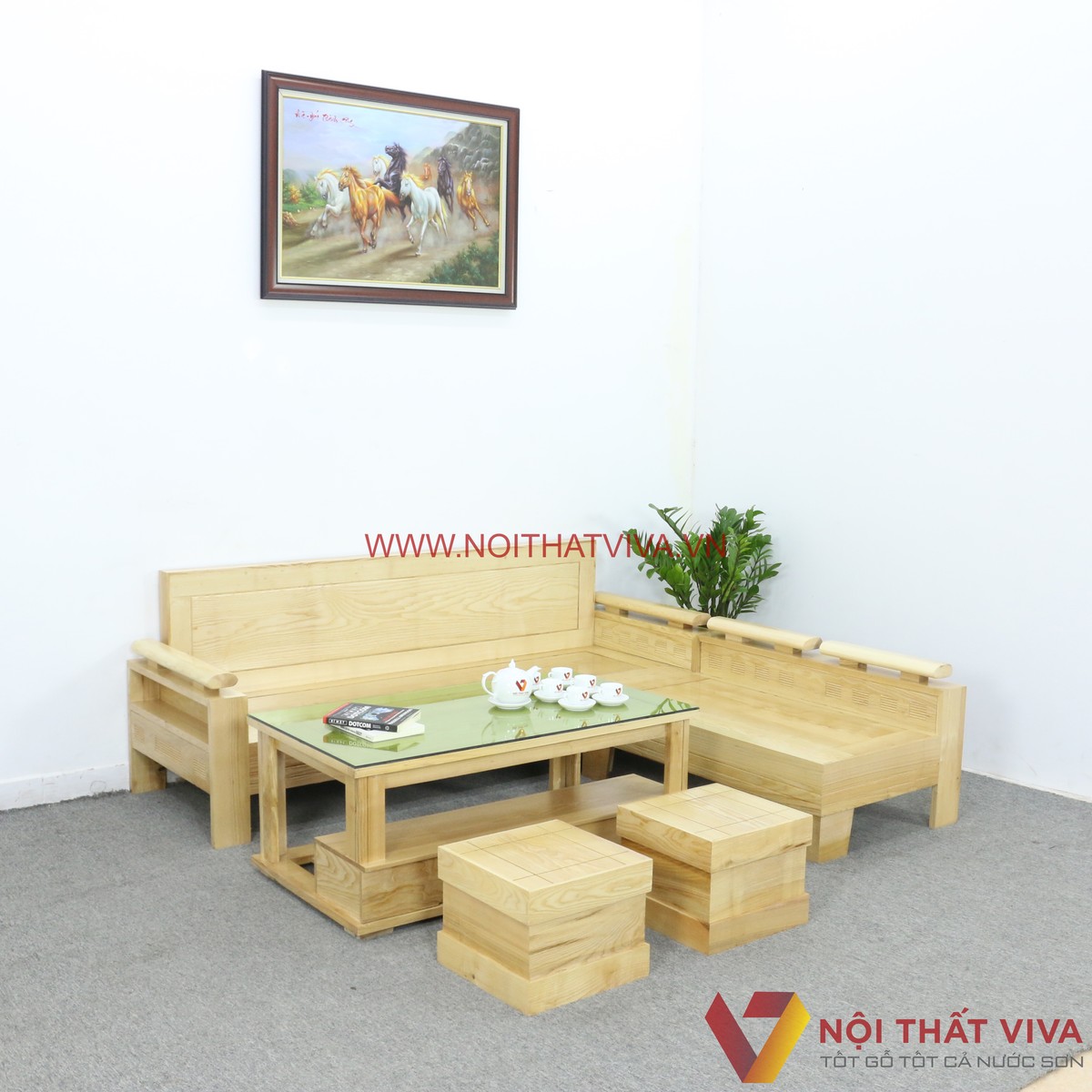 Bộ Sofa Phòng Khách Gỗ Sồi Nga Màu Tự Nhiên Nhỏ Gọn Đẹp Giá Rẻ