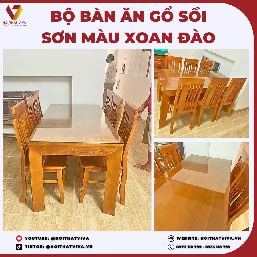  Giao Lắp Bộ Bàn Ăn Sồi 6 Ghế Sơn Màu Xoan Đào Sang Trọng