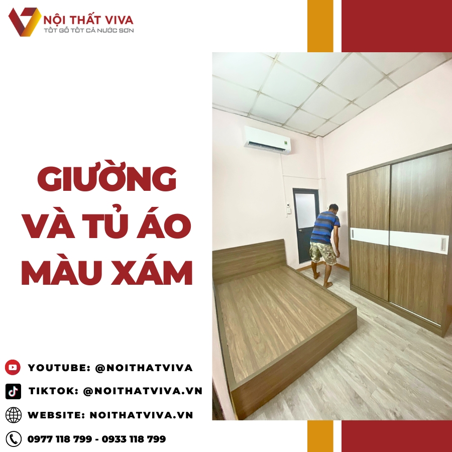 Giao Lắp Bộ Giường Ngủ và Tủ Quần Áo Màu Xám Hiện Đại