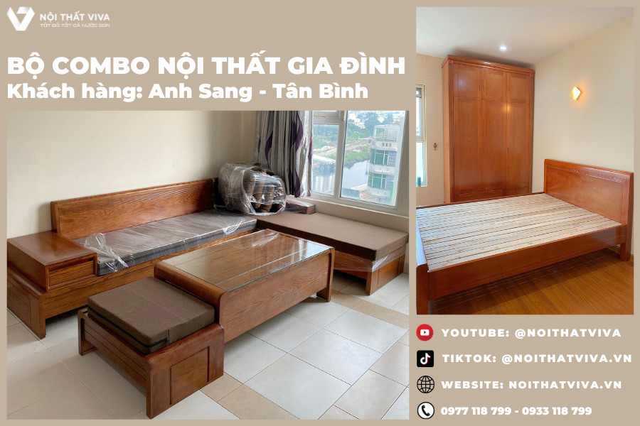 Giao Lắp Sofa Gỗ Sồi Sơn Màu Óc Chó Và Bộ Combo Phòng Ngủ - Anh Sang Tân Bình