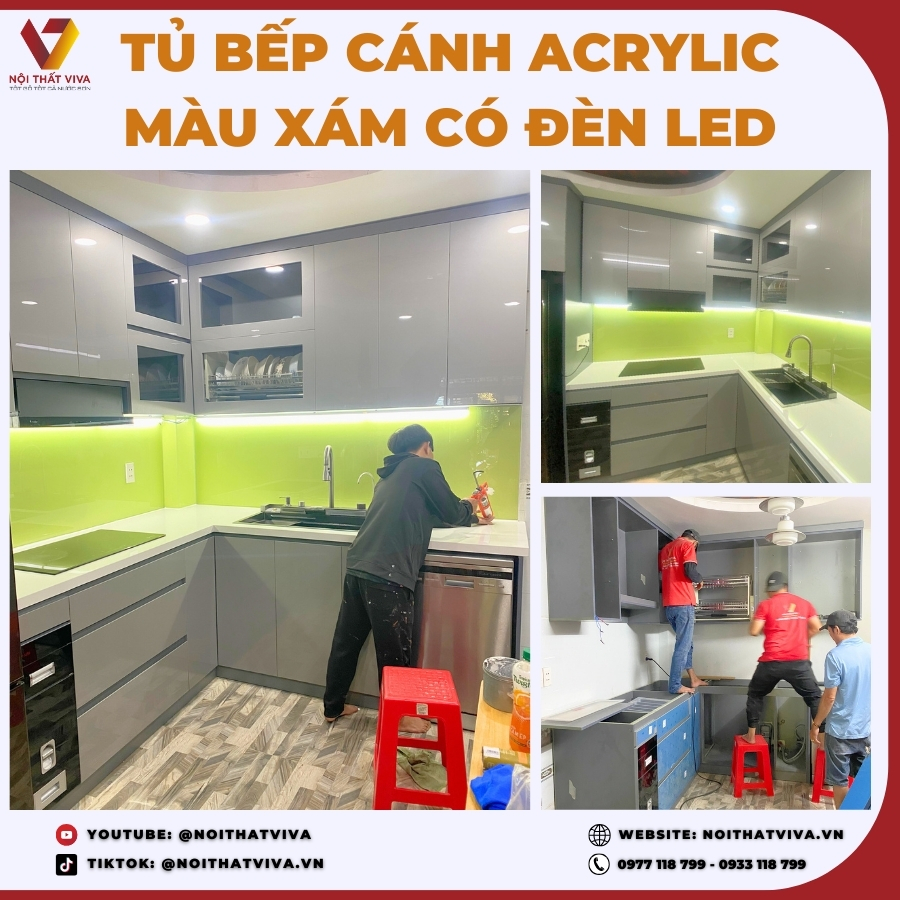 Giao Lắp Tủ Bếp Gỗ Lõi Xanh Chống Ẩm Cánh Phủ Acrylic Màu Xám Hiện Đại