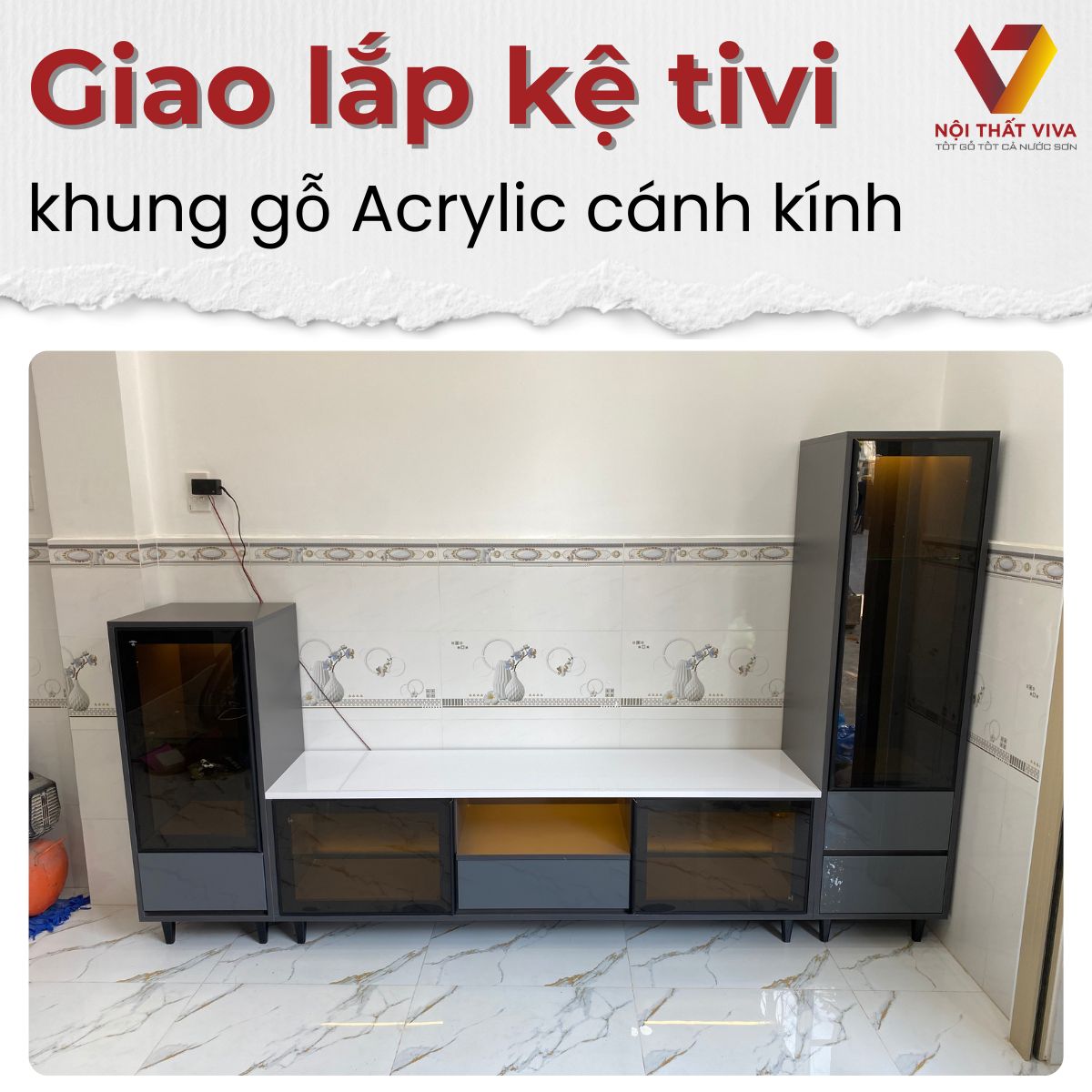 Giao Lắp Tủ Để Tivi Phòng Khách Đẹp Khung Gỗ Acrylic Phối Cánh Kính