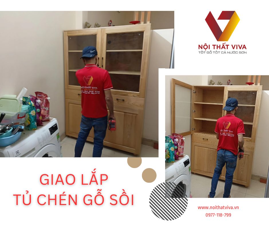 Giao Lắp Tủ Đựng Chén Đĩa Bằng Gỗ Sồi Đẹp, Tiện Lợi và Phong Cách