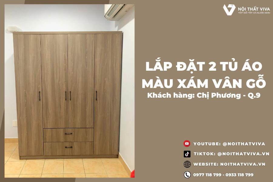 Giao Lắp Tủ Đựng Quần Áo Hiện Đại Màu Xám Vân Gỗ chị Phương - Quận 9