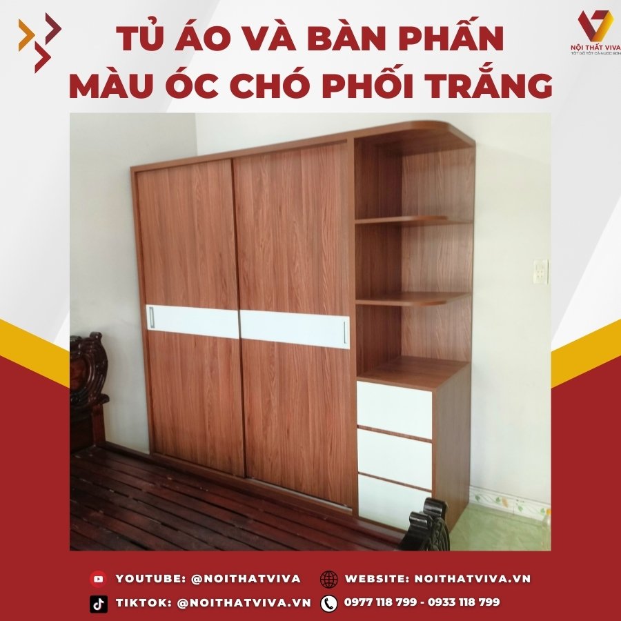 Giao Lắp Tủ Gỗ MDF Cửa Lùa Và Bàn Phấn Màu Nâu Óc Chó Hiện Đại