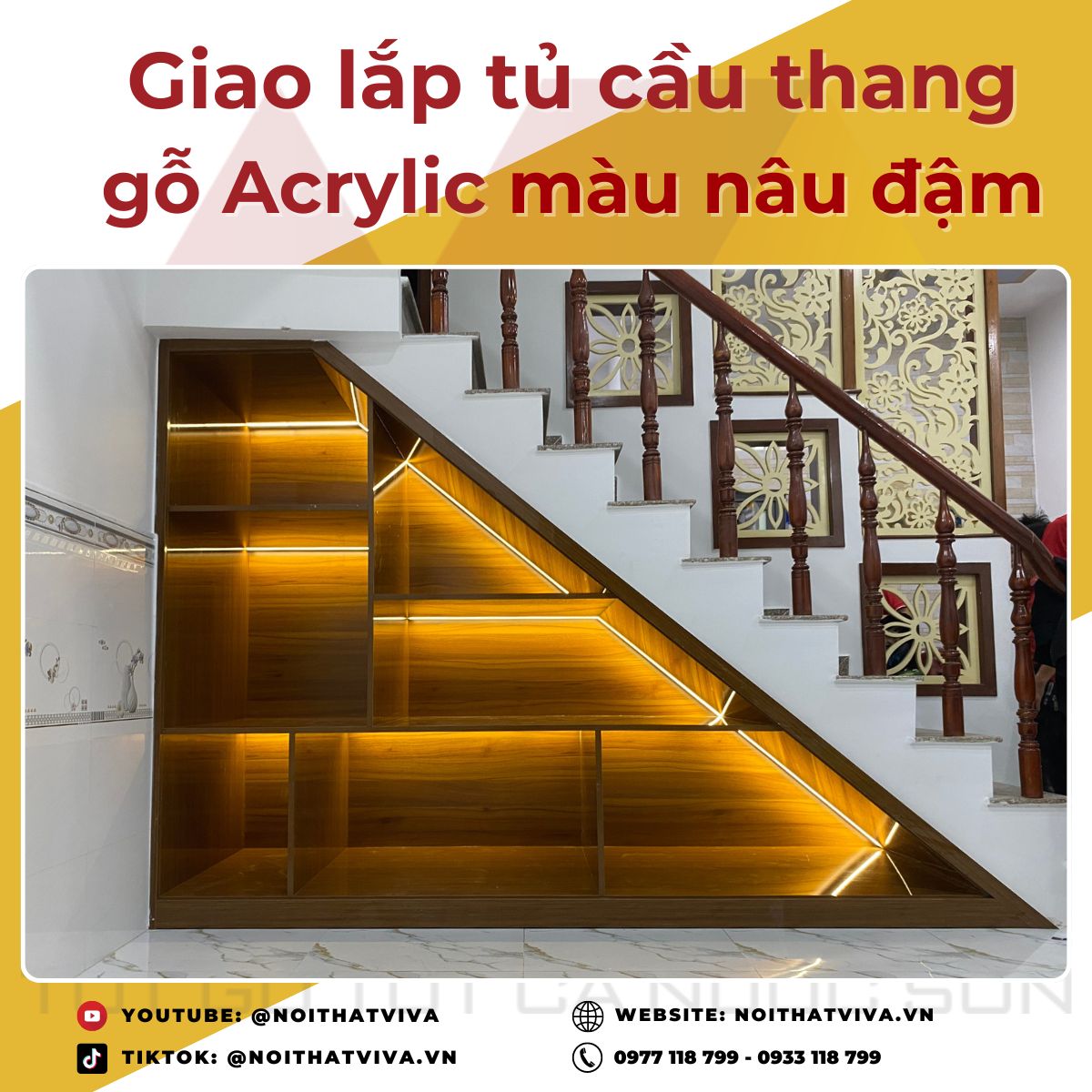 Giao Lắp Tủ Trang Trí Dưới Gầm Cầu Thang Gỗ Acrylic Sang Trọng