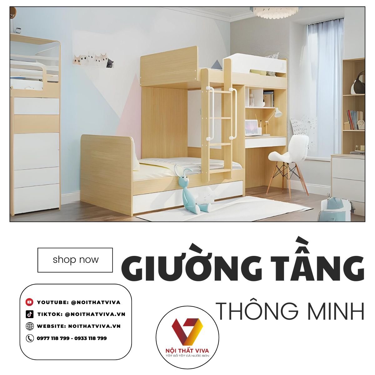 Giường 2 Tầng Thông Minh Kết Hợp Bàn Học Và Tủ Áo Gỗ MDF Phủ Melamine