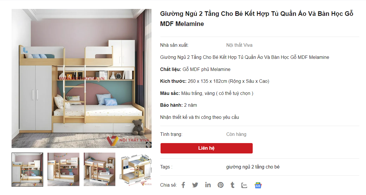 Giường Ngủ 2 Tầng Cho Bé Kết Hợp Tủ Quần Áo Và Bàn Học Gỗ MDF Melamine