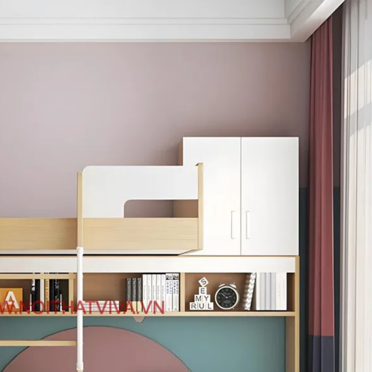 Giường Ngủ 2 Tầng Cho Bé Kết Hợp Tủ Quần Áo Và Bàn Học Gỗ MDF Melamine