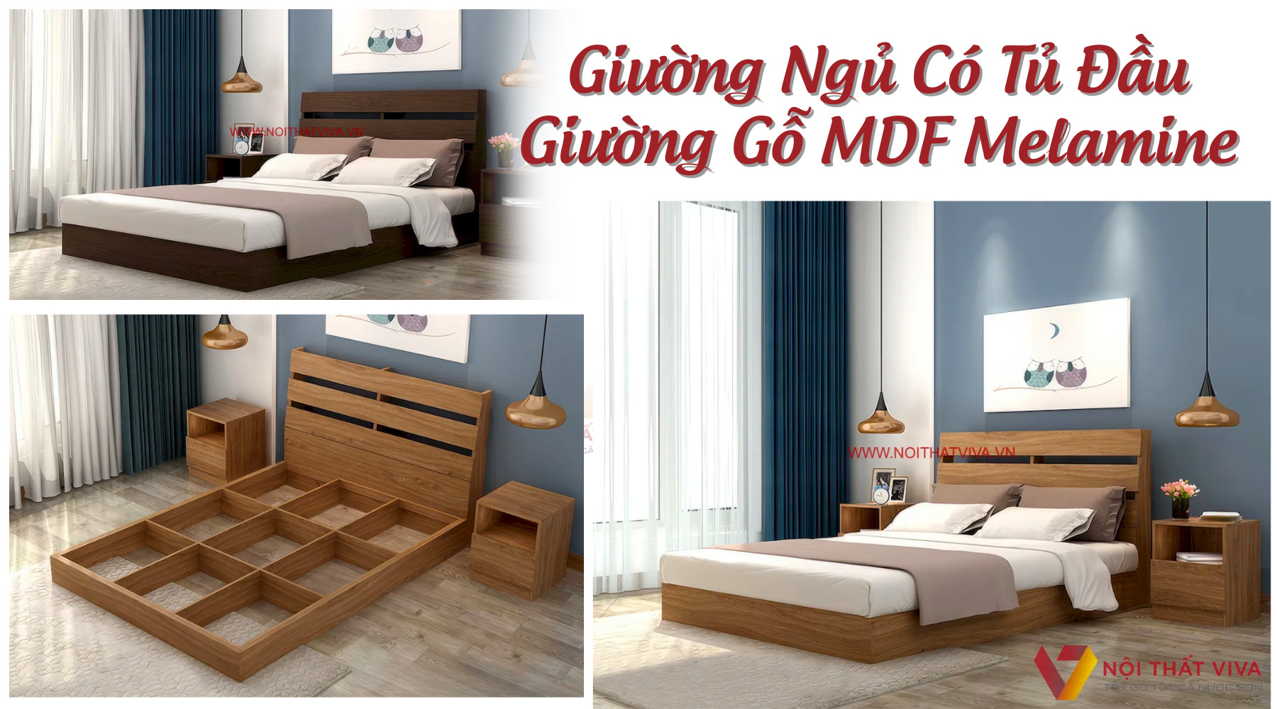 Giường Ngủ Có Tủ Đầu Giường Gỗ MDF Melamine Vân Gỗ Đẹp Hiện Đại Giá Rẻ