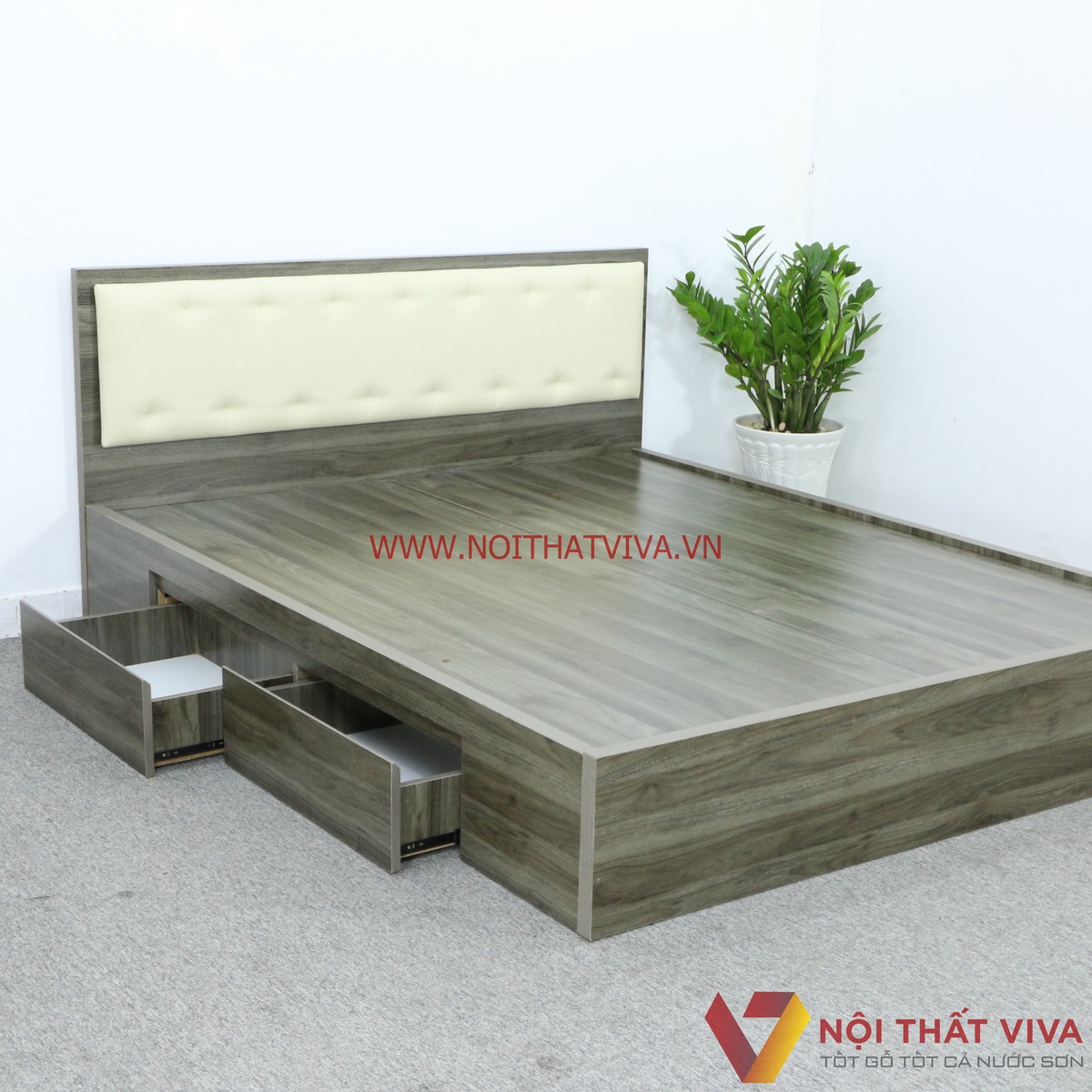 Giường Có Học Kéo Gỗ MDF Phủ Melamine Màu Xanh Rêu Đầu Nệm Kem Cao Cấp