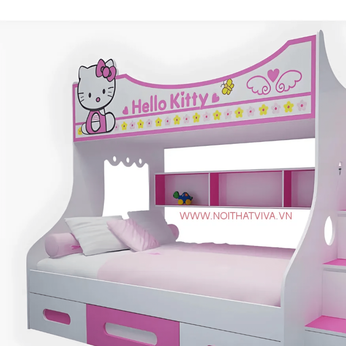 Giường Tầng Bé Gái Hello Kitty Bằng Gỗ Công Nghiệp Giá Hợp Lí